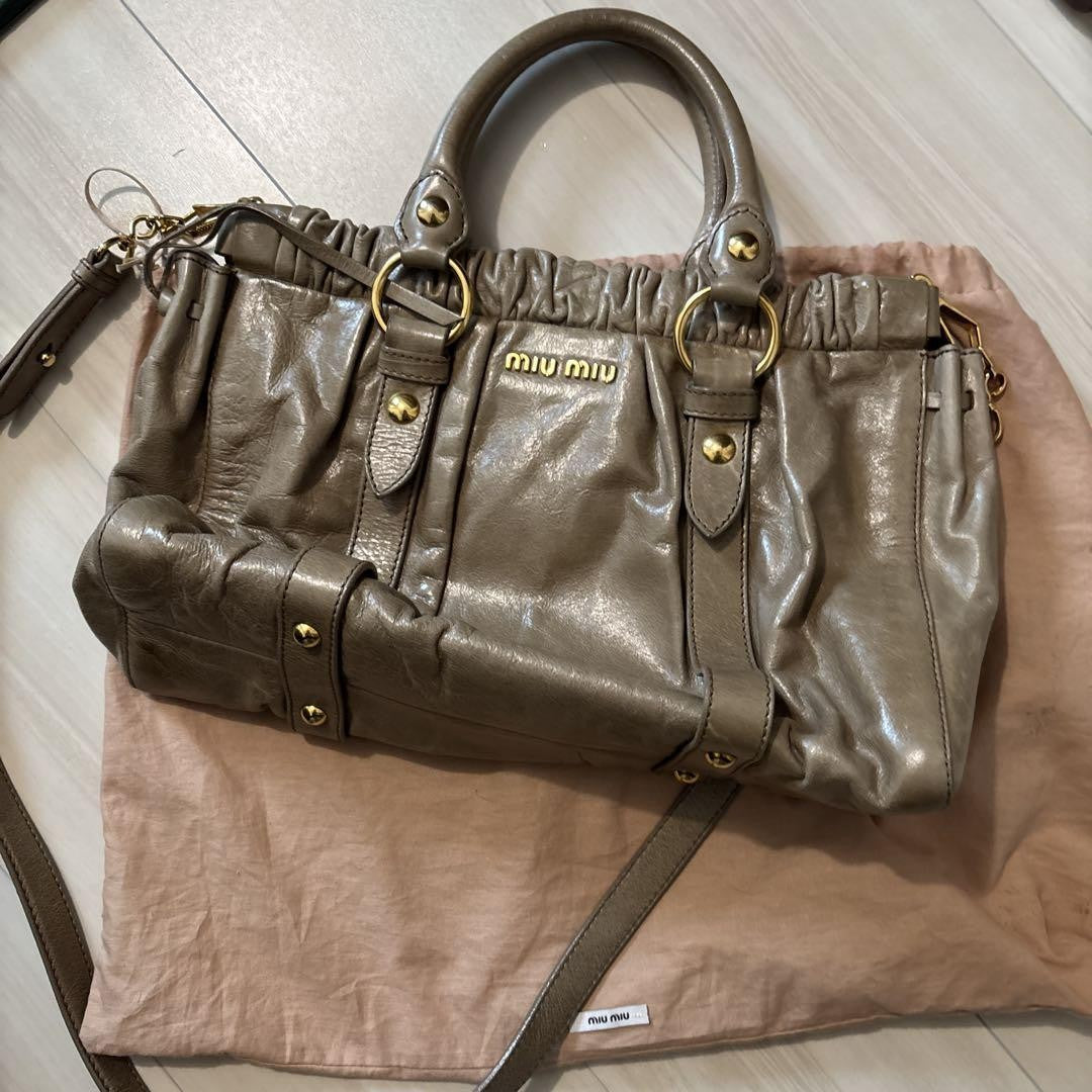 PreOwned Miu Miu VITELLO LUX 2way Handbag Shoulder bag Leather Beige Used