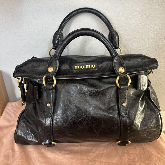 PreOwned Miu Miu VITELLO LUX 2way Hand Bag Shoulder Bag Side Ribbon Black Used 4165